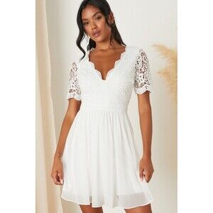 Lulu's Angel in Disguise White Lace Fit Flare Dress Short Sleeve Women’s Small